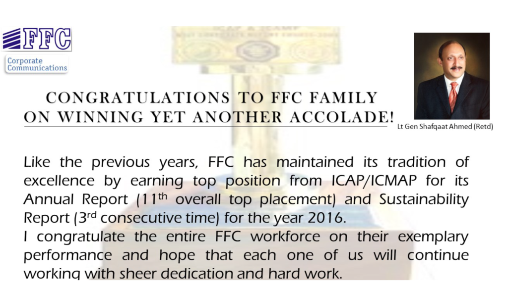 FFC wins top positions from ICAP/ICMAP for Annual Report & Sustainability Report 2016